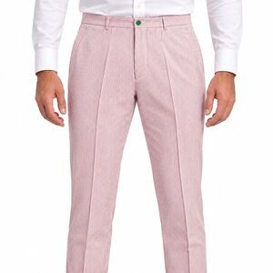 Mens 36 Red White Striped Seersucker Cotton Slim Fit Flat Front Dress Trousers